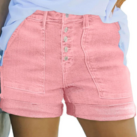 Stretchy Buttoned Denim Shorts – Folded Hem with Pockets