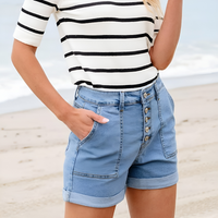 Stretchy Buttoned Denim Shorts – Folded Hem with Pockets