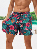 Tropical Print Drawstring Waist 2 In 1 Swim Trunks