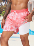 Tropical Print 2 In 1 Drawstring Waist Pocket Swim Trunks