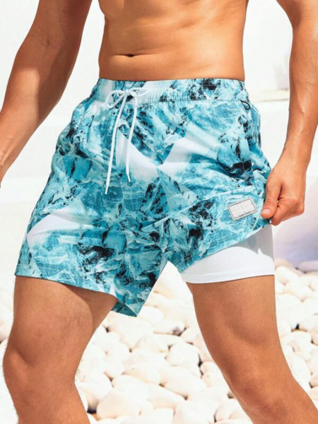 Patched Detail Drawstring Waist 2 In 1 Swim Trunks