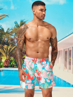 Letter Patched Allover Print Drawstring Swim Trunks