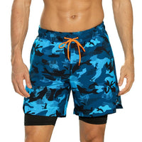 Men's 2 in 1 Quick-Dry Blue Camouflage Print Sports Shorts