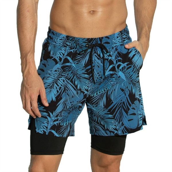 Men's 2 in 1 Quick-Dry Blue Leaves Print Sports Shorts