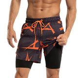 Men's 2 in 1 Quick-Dry Orange Geometric Print Sports Shorts